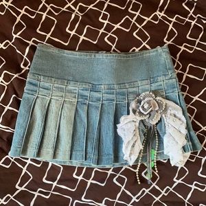 Pleated Ruffle Lace Slit Jean Mini Skirt